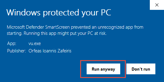 Second Windows SmartScreen prompt, press "Run anyway"
